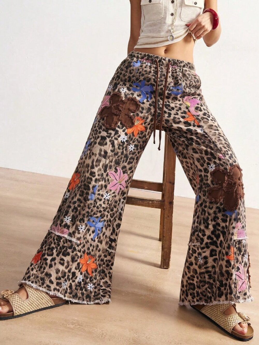 Khaki Casual Women's Vacation Boho Leopard Print Floral Wide Leg Long Pants - Picture 3 of 7